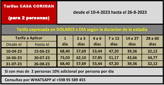 Tarifas CASA CORIMAN 10-Abril-23 a 26-Agosto-23